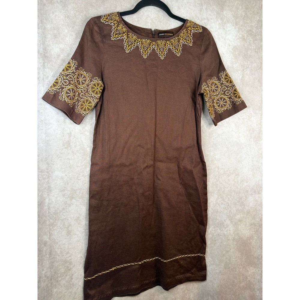 Dana Buchman Shift Dress Sz 8 Brown Embroidered Linen Blend Short Sleeve Boho - Picture 2 of 6